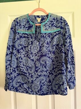 J. Crew Navy Paisley Tunic with Aqua Trim